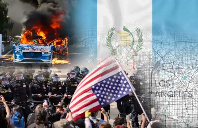 Los Ángeles se mantiene en zozobra por las manifestaciones de los últimos días en contra de redadas. Varias de las expresiones se han convertido en disturbios. Foto La Hora/ Diseño Alejandro Ramírez