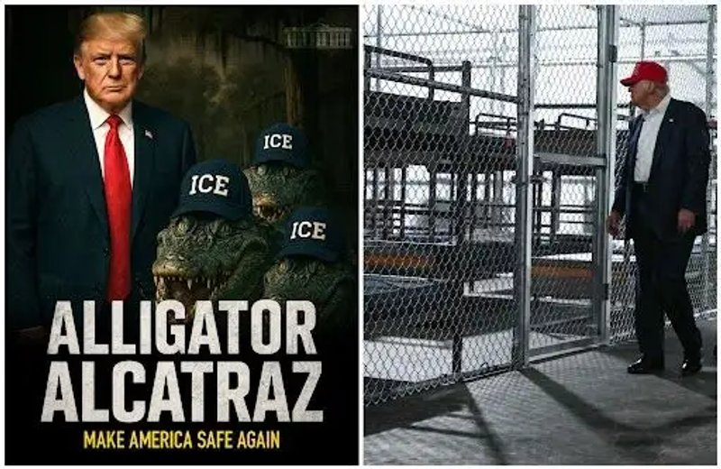 “Muy pronto, estas instalaciones albergarán a algunos de los migrantes más amenazantes, a algunas de las personas más crueles del planeta”, aseveró Donald Trump, quien elogió la rápida construcción del centro de detención. El gobernador de Florida, Ron DeSantis, enviará a 100 agentes de la Guardia Nacional. Activistas señalaron que estos lugares son un “negocio rentable” para empresas privadas que los administran y que son parte de las acciones para sembrar miedo entre los indocumentados. En las imágenes, cartel publicitario y recorrido del presidente estadunidense por las celdas. Fotos Casa Blanca y Afp