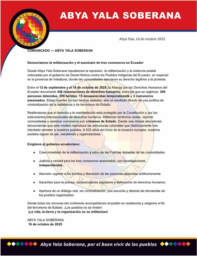 COMUNICADO DEL ABYA YALA SOBERANA EN APOYO A LA LUCHA DE LOS PUEBLOS DEL ECUADOR