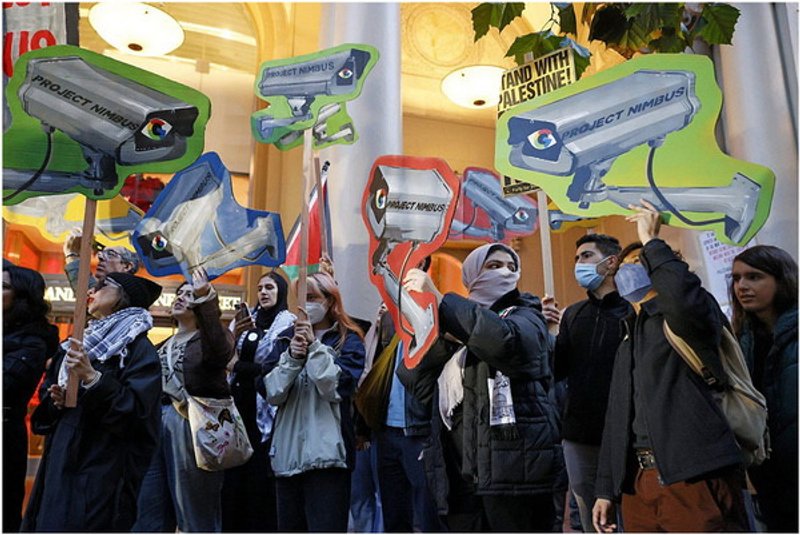 Fuentes: +972 Magazine [Imagen: En medio de la guerra de Gaza, miles de personas protestan contra el contrato de Google con Israel que proporciona reconocimiento facial y otras tecnologías frente a las oficinas de Google en San Francisco, diciembre de 2023. (Santiago Mejia/San Francisco Chronicle vía AP)]