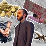 Colaje de Melissa Vida para Global Voices. A la izquierda: Mujer que protesta contra la mineria de oro en el pais (captura de pantalla de YouTube/France24). A la derecha: Presidente Nayib Bukele de El Salvador (Wikimedia Commons bajo licencia CC0 1.0 Universal).