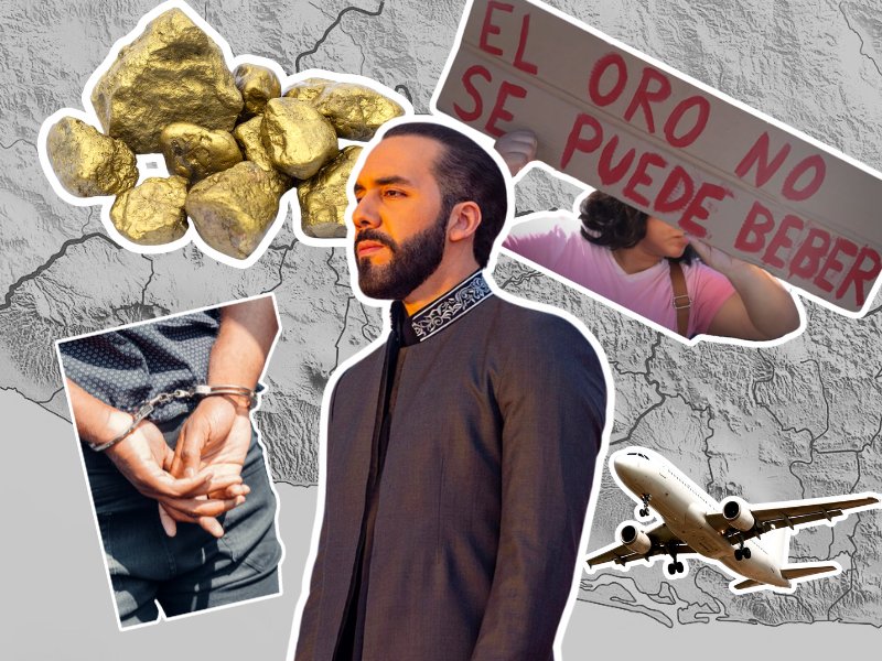 Colaje de Melissa Vida para Global Voices. A la izquierda: Mujer que protesta contra la mineria de oro en el pais (captura de pantalla de YouTube/France24). A la derecha: Presidente Nayib Bukele de El Salvador (Wikimedia Commons bajo licencia CC0 1.0 Universal).