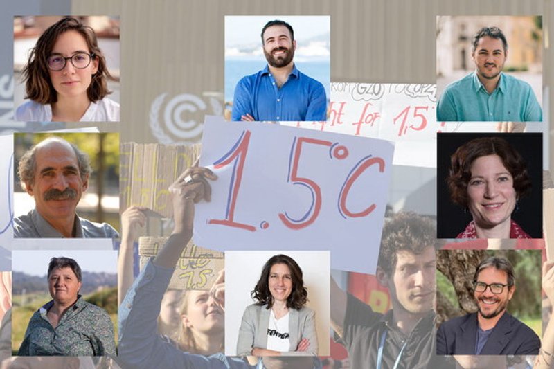 Fuentes: Climática [Imagen: Empezando por arriba a la izquierda y en el sentido de las agujas del reloj: Irene Rubiera, Pablo Rodríguez Ros, Andreu Escrivà, Julia Steinberger, Peter Kalmus, Eva Saldaña, María José Sanz y Michael Oppenhaimer. Foto: de fondo, una manifestación durante una cumbre del clima. IISD/ENB.]