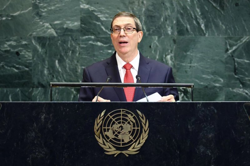 El ministro de Relaciones Exteriores de Cuba, Bruno Eduardo Rodríguez Parrilla, se dirige a la Asamblea General de las Naciones Unidas en la sede de la ONU en Nueva York el 27 de septiembre de 2025. Foto Afp