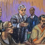El mandatario venezolano y su esposa en el tribunal federal de Nueva York. Ilustración de Jane Rosenberg/Court Art